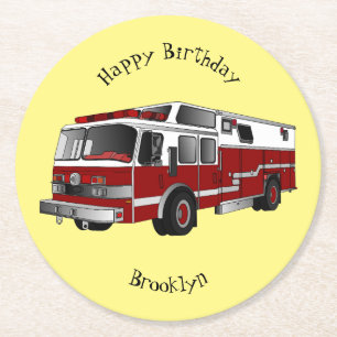 Fire engine cartoon illustration round paper coaster