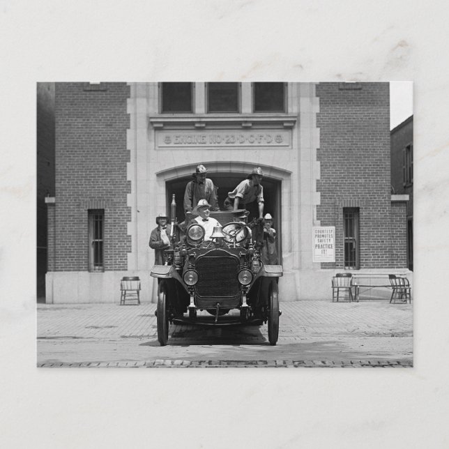 Fire Engine Crew at Firehouse, 1925 Postcard (Front)