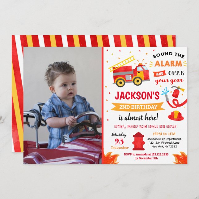 Fire Engine Fire truck Birthday Party Invitation (Front/Back)