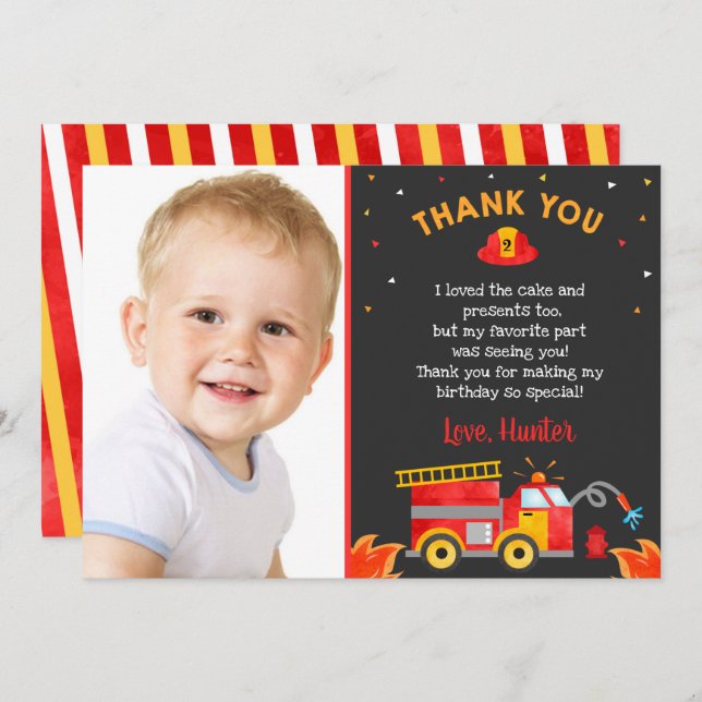 Fire Engine Firetruck Birthday Thank You Cards (Front/Back)