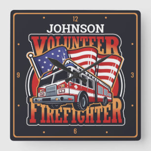 Fire Engine NAME USA Flag Volunteer Firefighter Square Wall Clock