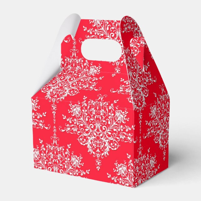 Fire Engine Red and White Floral Damask Favour Box (Back Side)