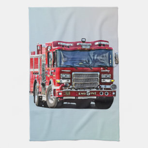Fire Engine Turning the Corner Tea Towel