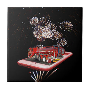 Fire Engine With Fire Works, Ceramic Tile