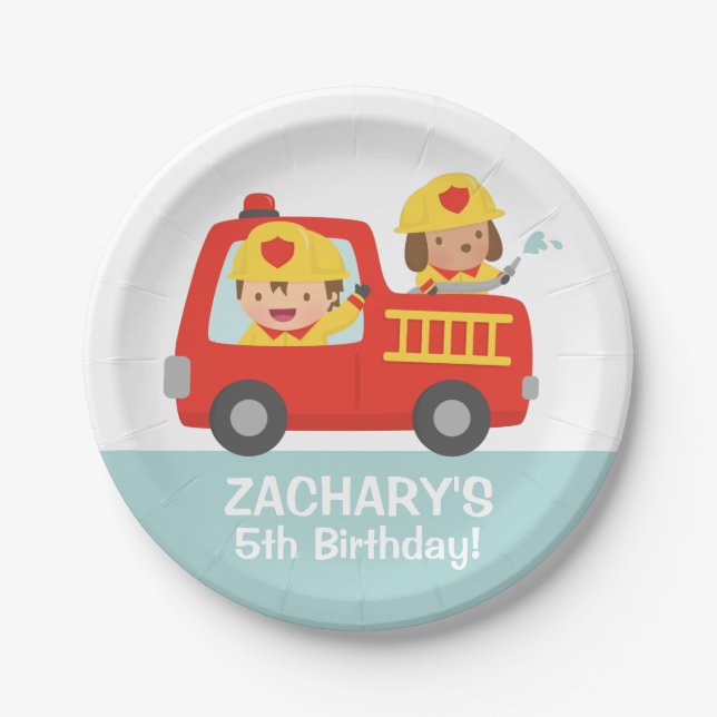 Fire fighter Boy in Red Fire Truck Birthday Party Paper Plate (Front)