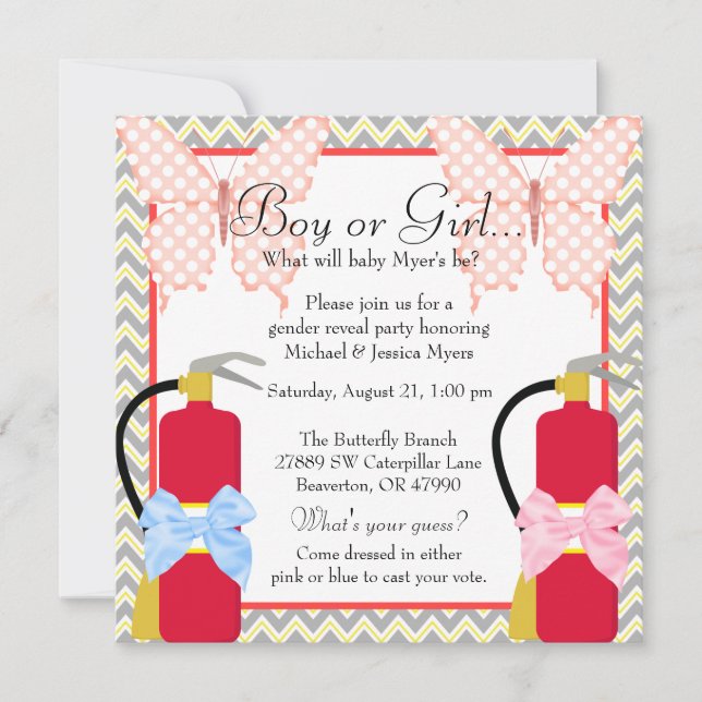 Fire Fighter & Butterfly Chevron Gender Reveal Invitation (Front)