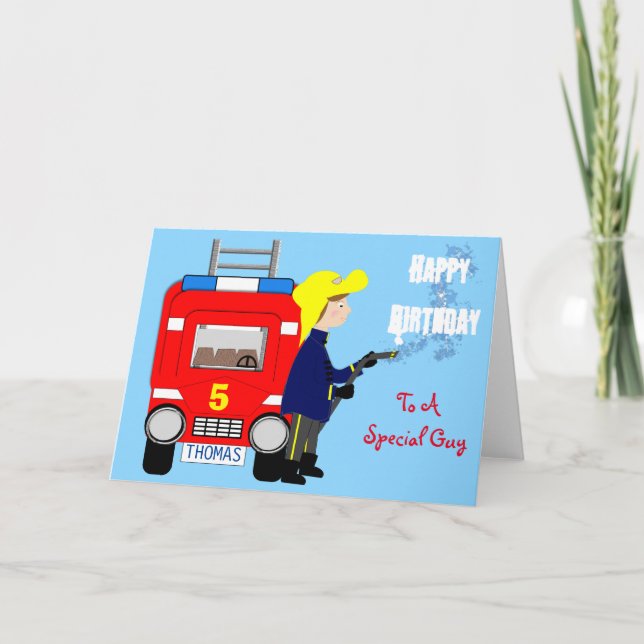 Fire-fighter Fire Engine Themed Happy Birthday Card (Front)