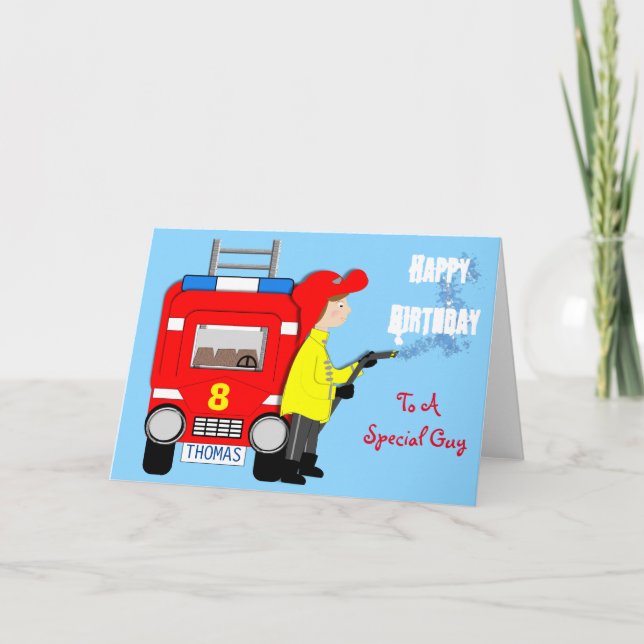 Fire-fighter Fire Engine Themed Kid Happy Birthday Card (Front)