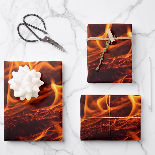 Fire flame macro  in fireplace wrapping paper sheet (Front)
