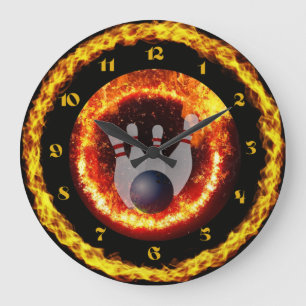 Fire Flames Bowling Themed Black Round Clock