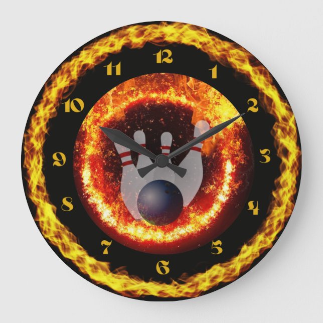 Fire Flames Bowling Themed Black Round Clock (Front)