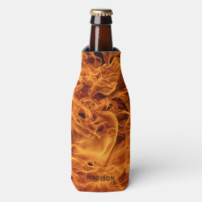 Fire Flames custom name Bottle Cooler (Bottle Front)