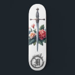 *~* Fire Flowers AP88 Mediaeval Sword Floral Skateboard<br><div class="desc">(Search code AP88 to find similar items ) Easily Transfer to other Zazzle Products. WHITE background Skateboard with soft blush PINK and ROSE colour FLOWERS MEDIEVAL SWORD for dragon slayers with FLOWERS / FLORAL elements and with a RING of FIRE / FLAMES / FLAME and Letter , INITIAL MONOGRAM for...</div>