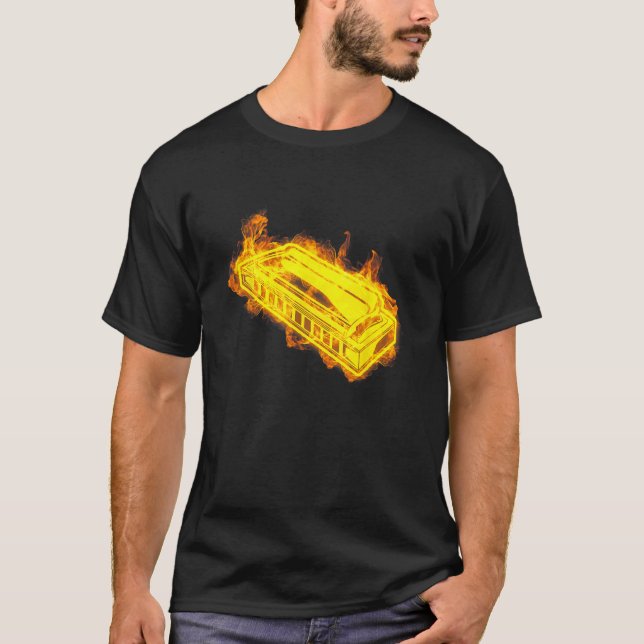 Fire Harmonica Flames Musician Harmonica Player T-Shirt (Front)