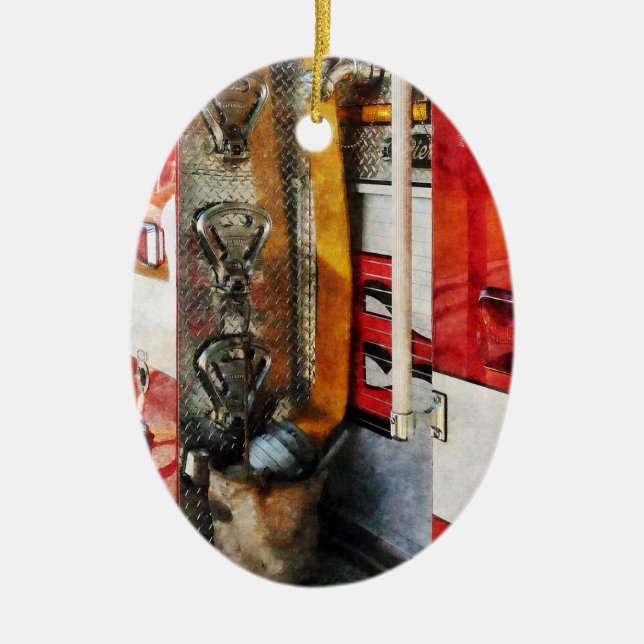 Fire Hose, Bucket and Nozzle Ceramic Tree Decoration (Front)