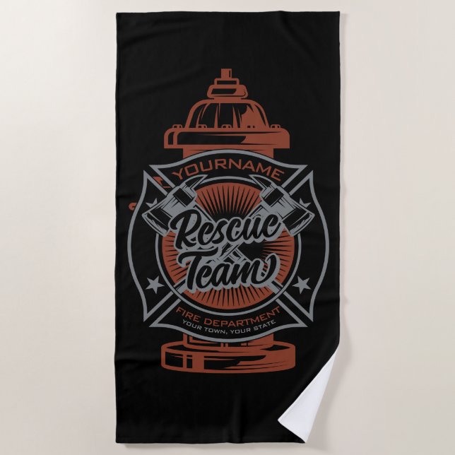 Fire Hydrant ADD NAME Fire Fighter Rescue Team Beach Towel (Front)