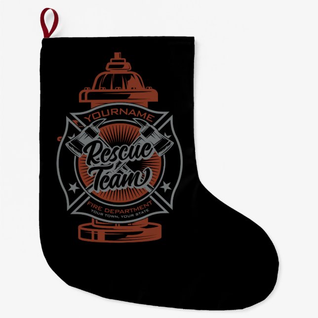 Fire Hydrant ADD NAME Fire Fighter Rescue Team Large Christmas Stocking (Front)