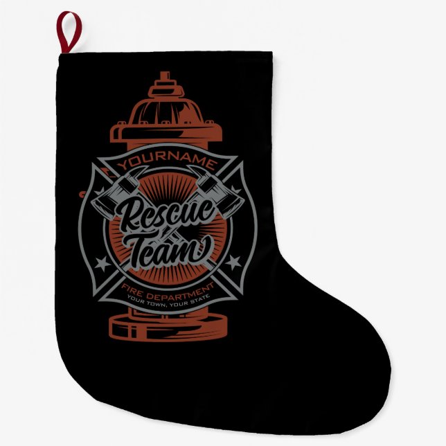 Fire Hydrant ADD NAME Fire Fighter Rescue Team Large Christmas Stocking (Front)