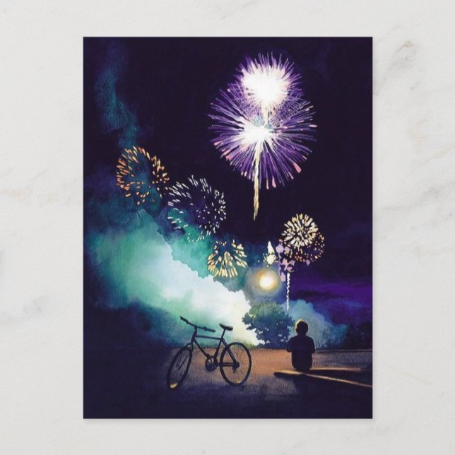 "Fire in the Sky" Fireworks Watercolor Art Postcard (Front)