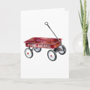 Fire Island Red Wagon Watercolor Beach Vacation Card