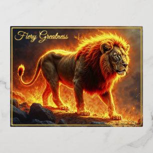Fire Lion infernal landscape blazing mane art Foil Holiday Postcard