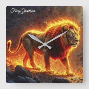 Fire Lion infernal landscape blazing mane art Square Wall Clock