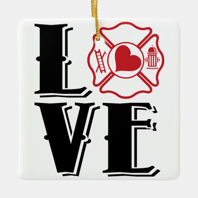 FIRE LOVE with Maltese Cross and Heart Ceramic Ornament (Front)