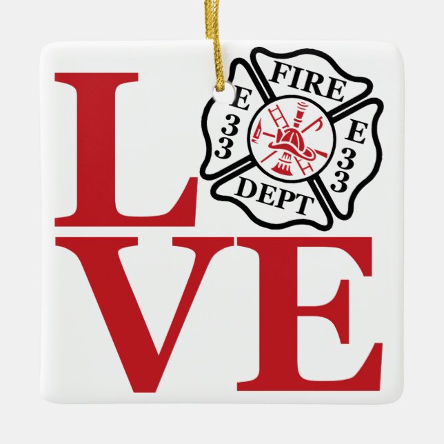 FIRE LOVE with maltese cross and station number Ceramic Ornament (Front)