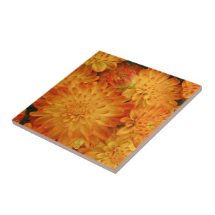 Fire Orange Chrysanthemums Ceramic Tile