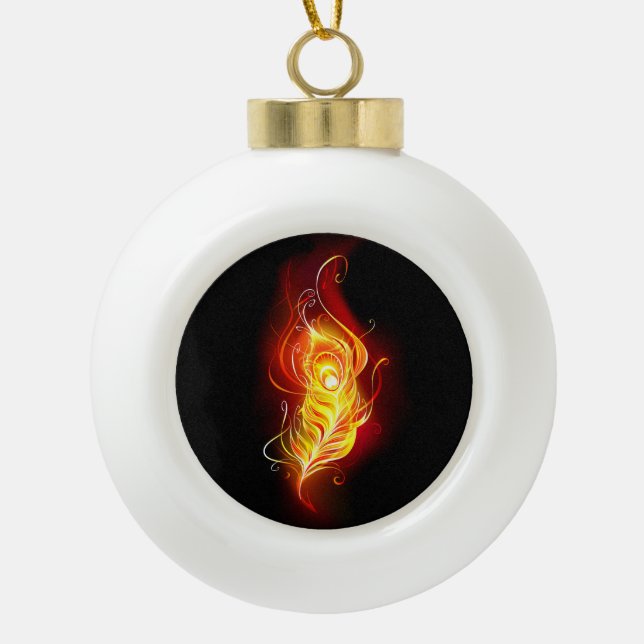 Fire Peacock Feather Ceramic Ball Christmas Ornament (Front)