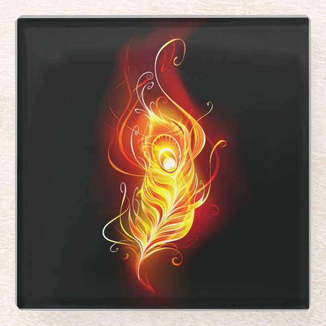 Fire Peacock Feather Glass Coaster (Front)