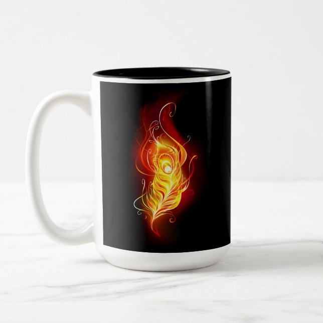 Fire Peacock Feather Two-Tone Coffee Mug (Left)