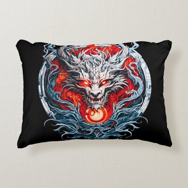 Fire Red Flame Mythical Dragon Head Decorative Cushion (Front)