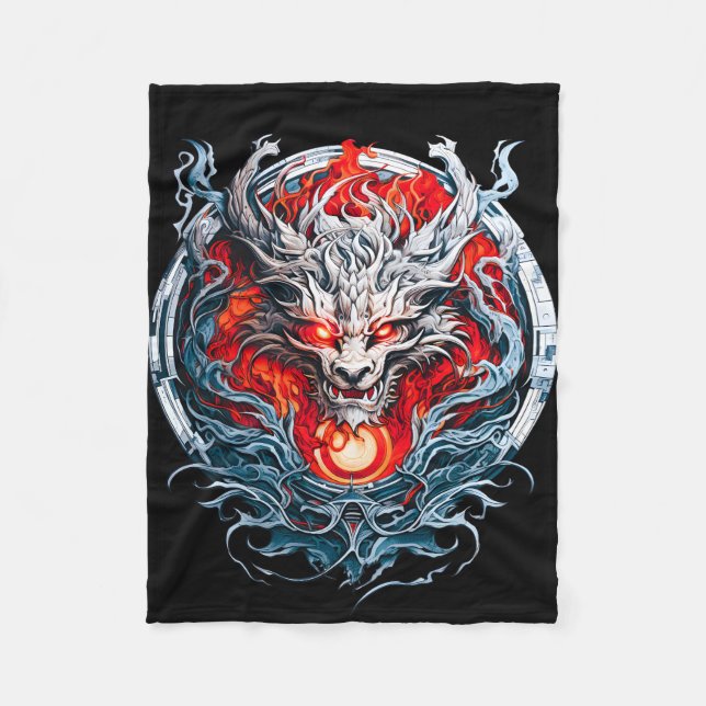 Fire Red Flame Mythical Dragon Head Fleece Blanket (Front)