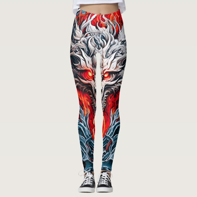 Fire Red Flame Mythical Dragon Head Leggings (Front)