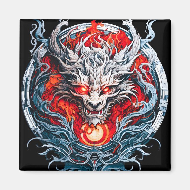 Fire Red Flame Mythical Dragon Head Magnet (Front)