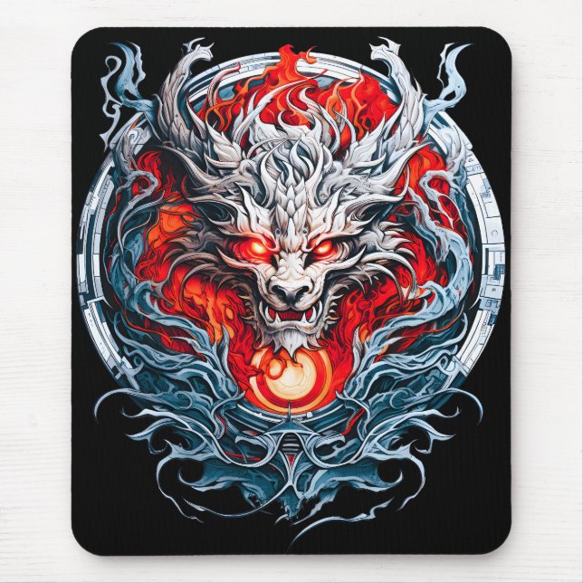Fire Red Flame Mythical Dragon Head Mouse Pad (Front)