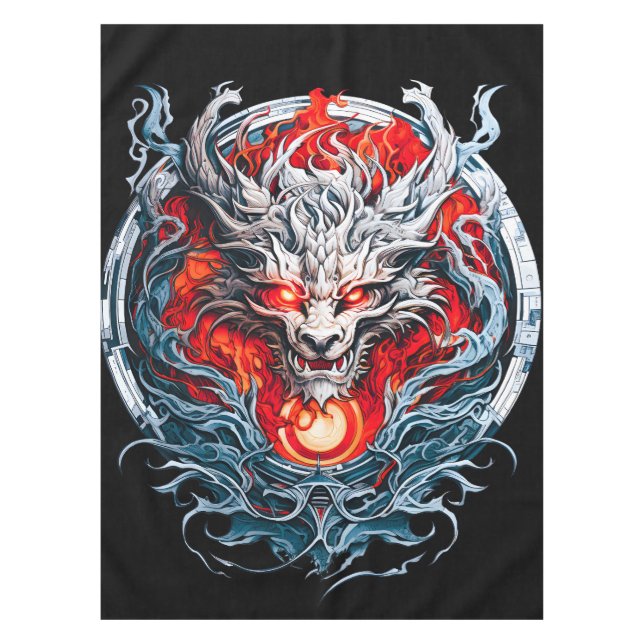 Fire Red Flame Mythical Dragon Head Tablecloth (Front)