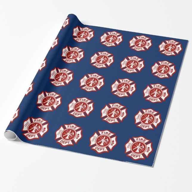 Fire Rescue Maltese Cross Symbol Navy Wrapping Paper (Unrolled)