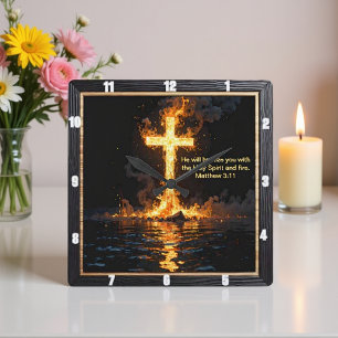 Fire Smoke Cross Baptism Spirit Matthew 3:11 Square Wall Clock