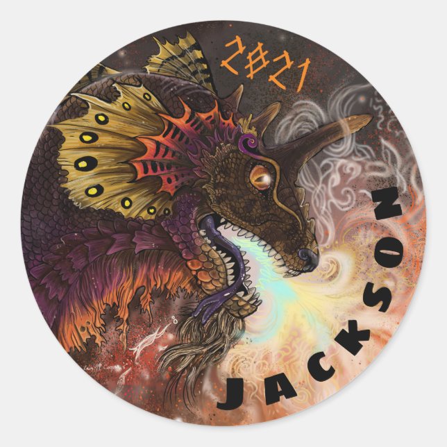 Fire Spitter Dragon Custom Name Classic Round Sticker (Front)
