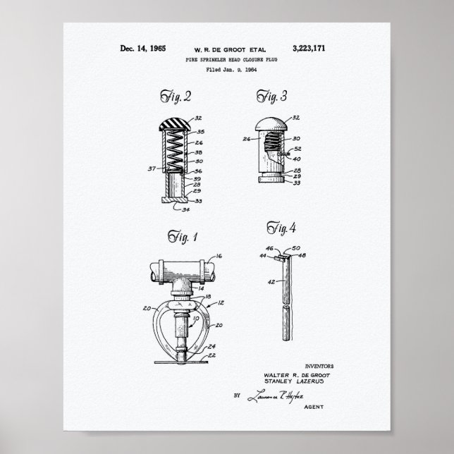 Fire Sprinkler Head 1965 Patent Art - White Paper Poster (Front)
