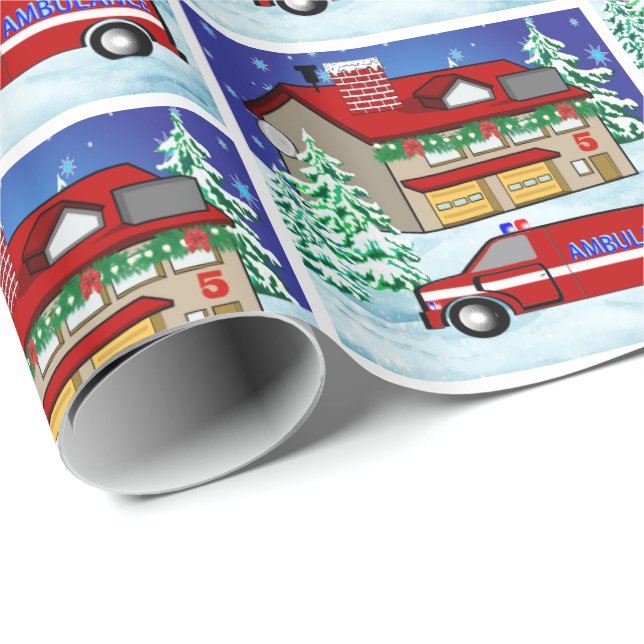Fire Station Ambulance EMS  Responder Christmas Wrapping Paper (Roll Corner)