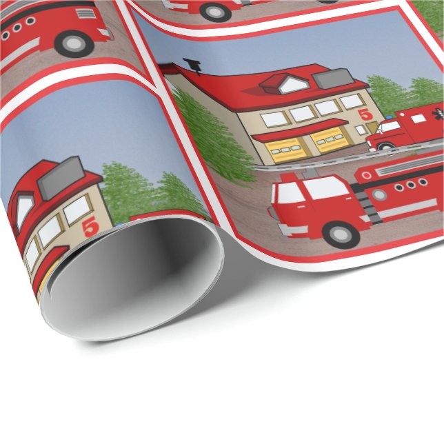 Fire Station Fire Truck Ambulance Firefighter Wrapping Paper (Roll Corner)