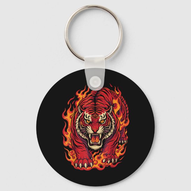 Fire Tiger Red Flame Mythical Tattoo Art Key Ring (Front)