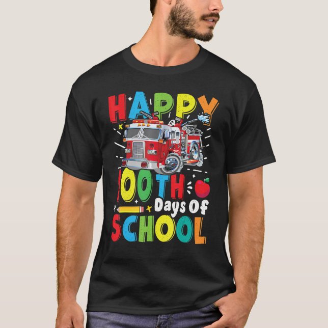 Fire Truck 100 Day of School Apparel for Teachers  T-Shirt (Front)
