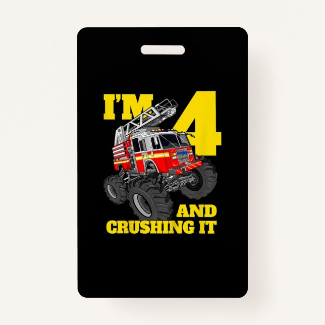 Fire Truck 4th Birthday Boy 4 Firefighter Gift ID Badge (Front)
