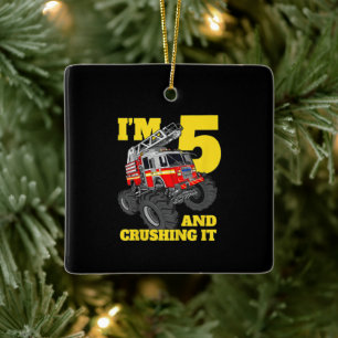 Fire Truck 5th Birthday Boy 5 Firefighter Gift Ceramic Ornament