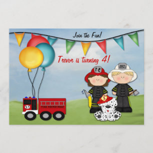 Fire Truck and Little Fireman Birthday Invitation