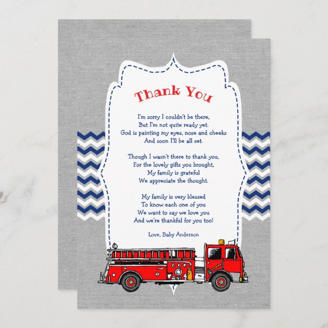 Fire Truck Baby Shower thank you note Invitation (Front/Back)